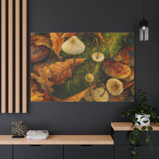 Colorful autumn mushrooms canvas print by Printify featuring vibrant mushroom illustrations on a textured canvas background.