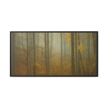 Framed matte canvas wall art depicting a misty autumn forest with colorful fall foliage, by Printify.
