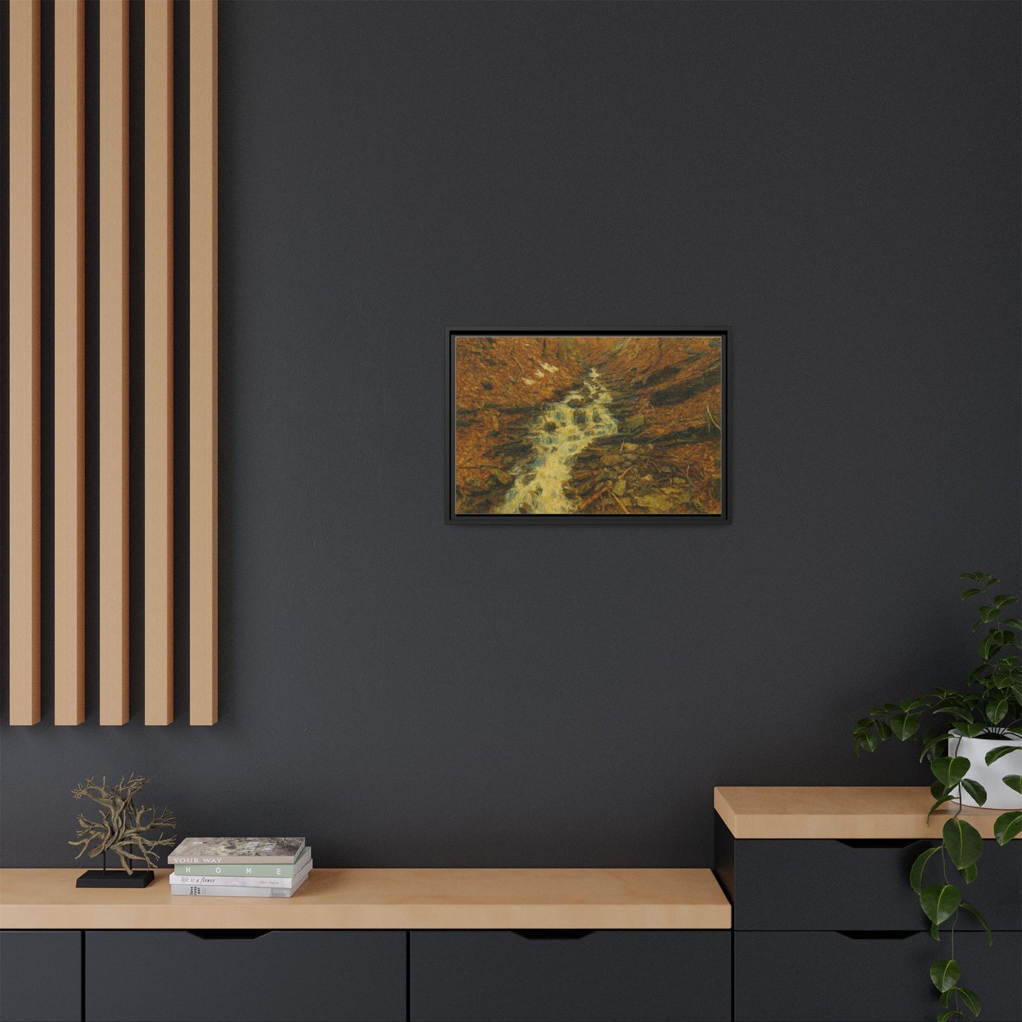 Framed matte canvas print of autumn stream landscape artwork by Printify, showcasing vibrant fall trees and flowing water.