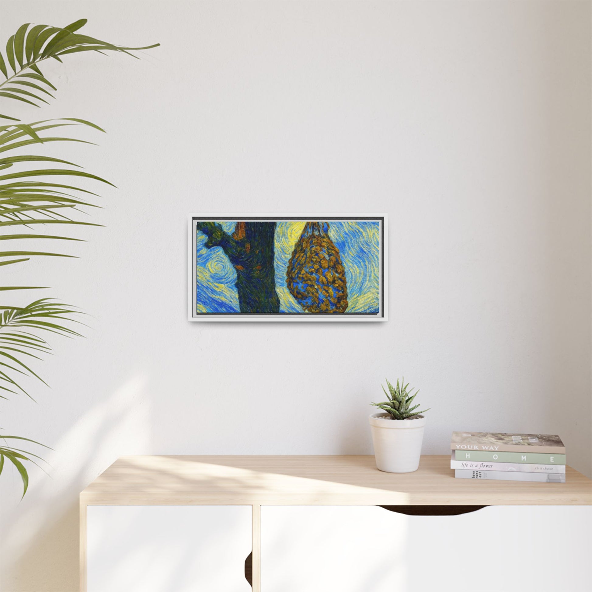 Framed matte canvas art featuring a starry nut cluster with dried plum in a tree, printed by Printify.