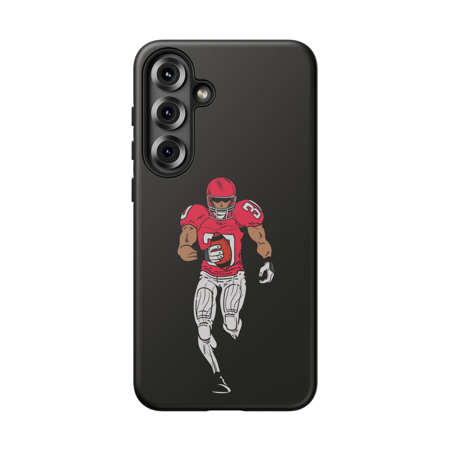 Black football player tough phone case for iPhone, featuring sports design and protective material by Printify.