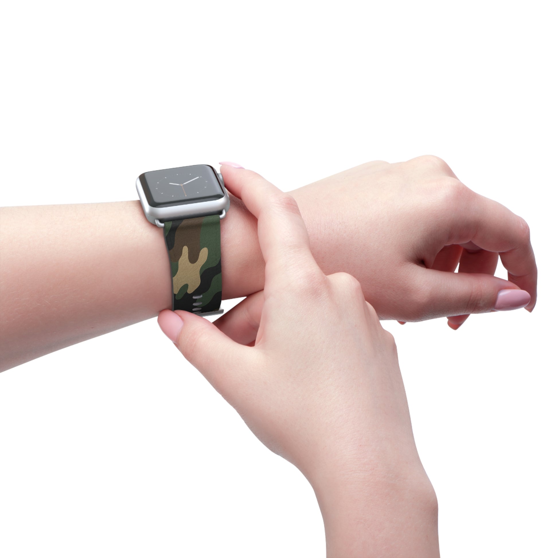 Green camouflage silicone Apple Watch band by Printify, durable accessory with adjustable strap for a secure fit.