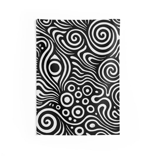 Abstract black and white swirl tapestry featuring psychedelic geometric wall art, suitable for modern home decor.
