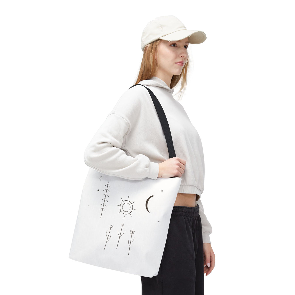 Minimal moon and sun botanical tote bag with celestial line art design, durable fabric, perfect for everyday use.