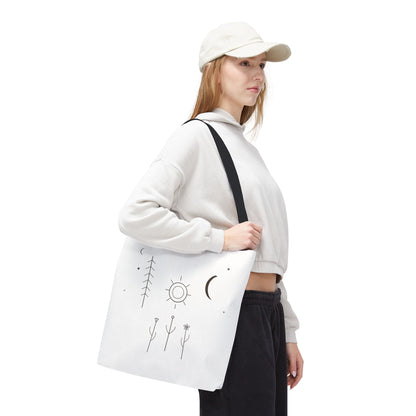 Minimal moon and sun botanical tote bag with celestial line art design, durable fabric, perfect for everyday use.