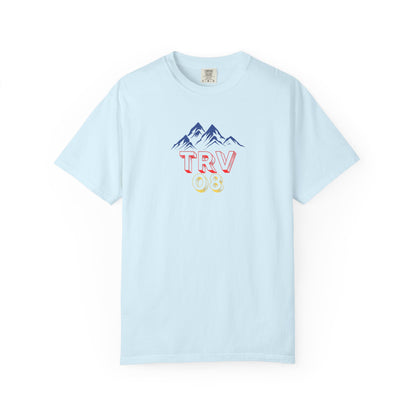 Unisex garment-dyed T-shirt with TRV08 Logo print by Printify, soft fabric and casual fit, shown in a front view.