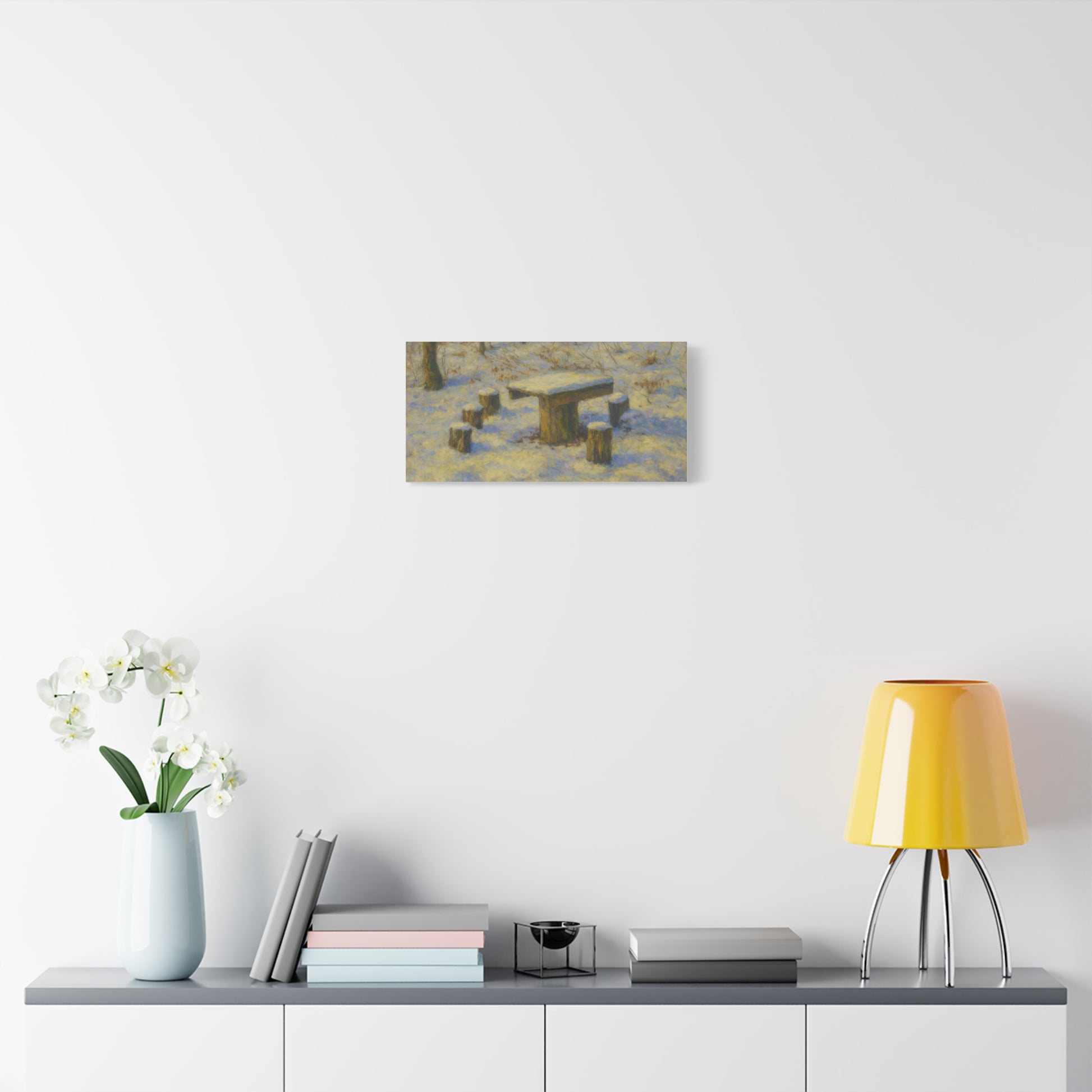 Snowy forest winter landscape canvas wall art by Printify, matte stretched print showcasing snow-covered trees and serene winter scene.