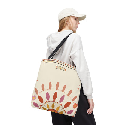 Boho floral mandala tote bag with pastel sunburst pattern, printify bags featuring vibrant, artistic design and spacious interior.