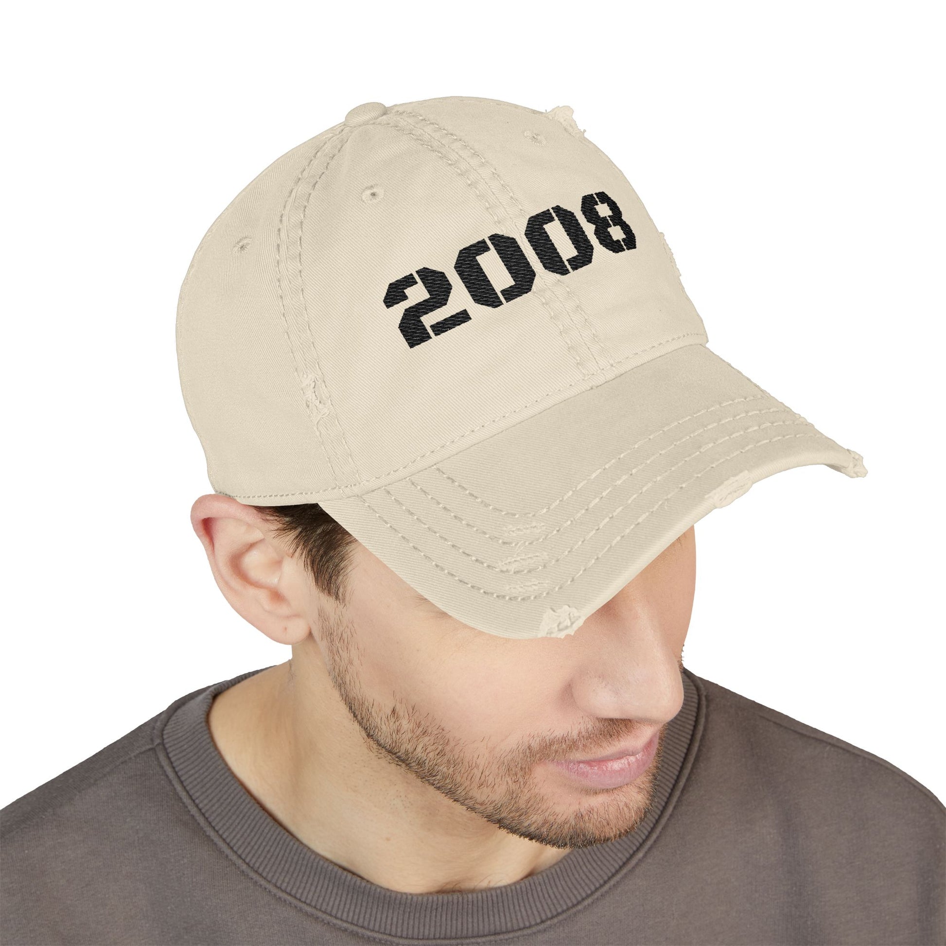 2008 distressed vintage embroidered dad hat by Printify, black baseball cap with worn, distressed look and embroidered design.