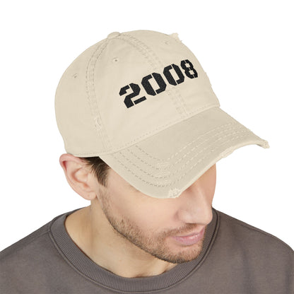 2008 distressed vintage embroidered dad hat by Printify, black baseball cap with worn, distressed look and embroidered design.