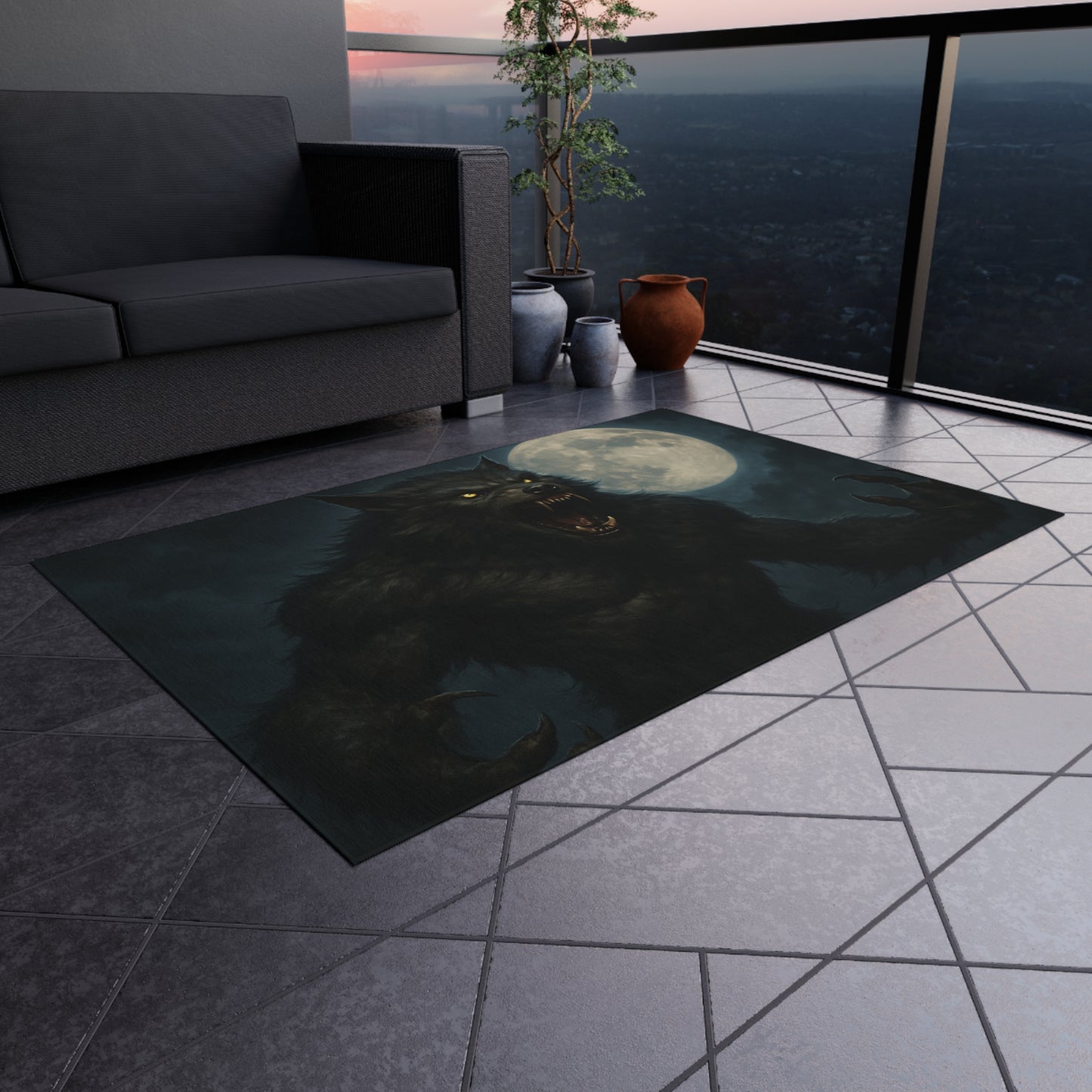 Werewolf Moon outdoor rug with spooky full moon design, horror-themed patio mat by Printify, suitable for outdoor decor.