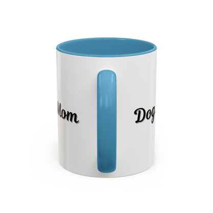 Dog Mom Accent Coffee Mug — white ceramic coffee mug with retro script "Dog Mom" print, colored interior and C-handle, 11oz/15oz, close-up of the printed design
