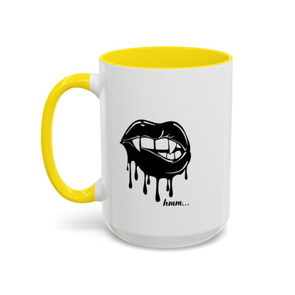 Black accent Dripping Bite coffee mug by Printify, 11oz or 15oz size, featuring a unique dripping bite design on ceramic surface