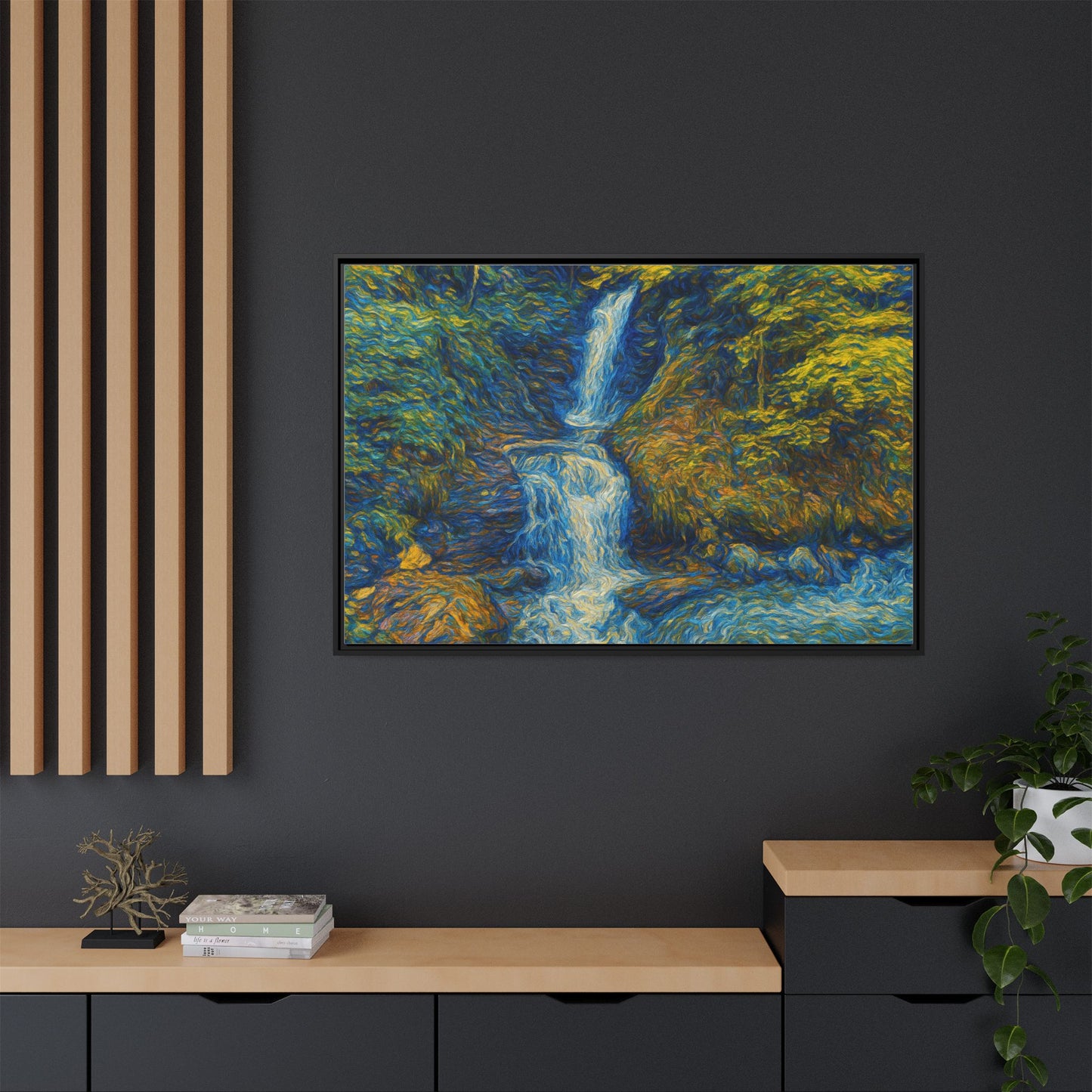 Framed matte canvas print of impressionist waterfall wall art by Printify, showcasing vibrant colors and textured brushstrokes.