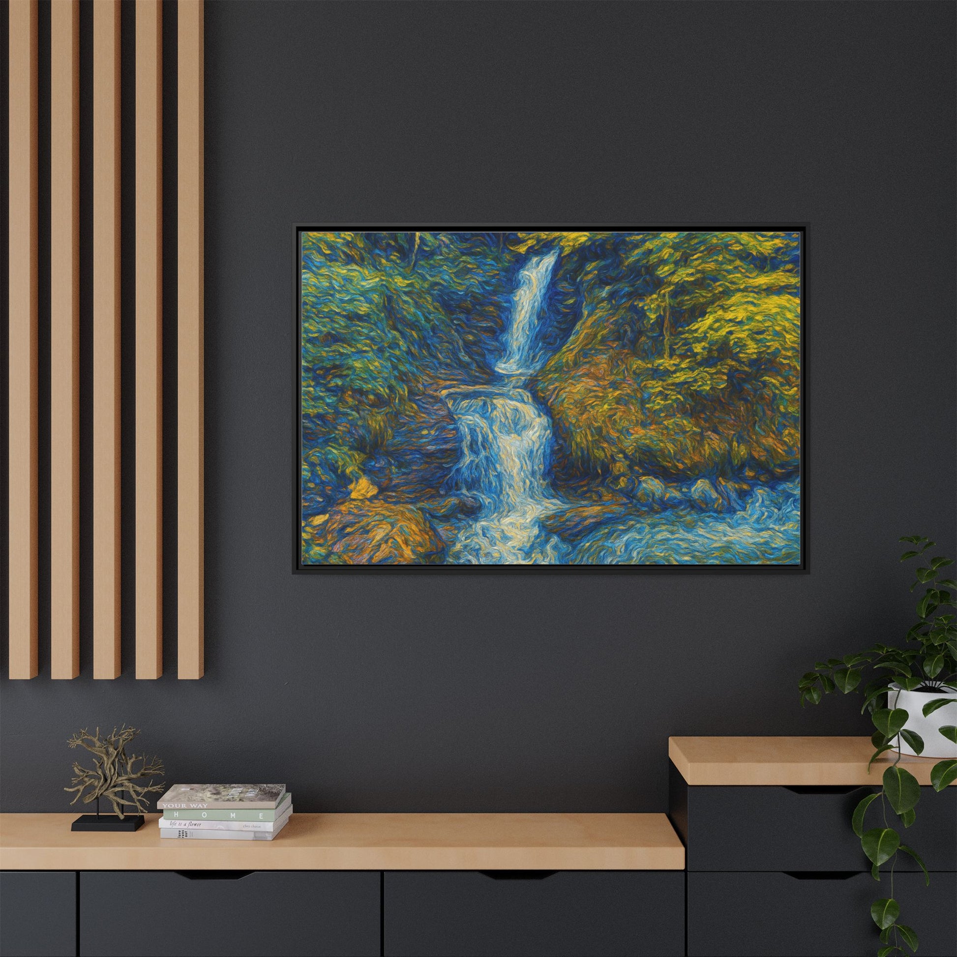 Framed matte canvas print of impressionist waterfall wall art by Printify, showcasing vibrant colors and textured brushstrokes.
