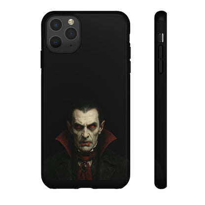 Gothic vampire portrait phone case for iPhone featuring Dracula horror design, made by Printify.