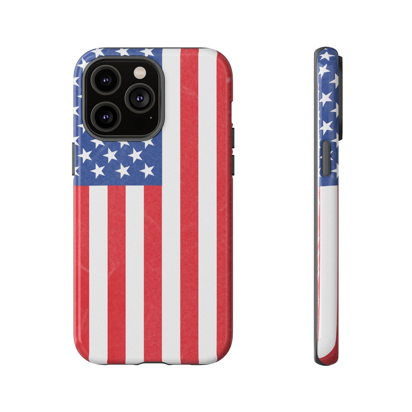 American flag tough phone case for iPhone and Samsung, patriotic protective cover with bold flag design by Printify.