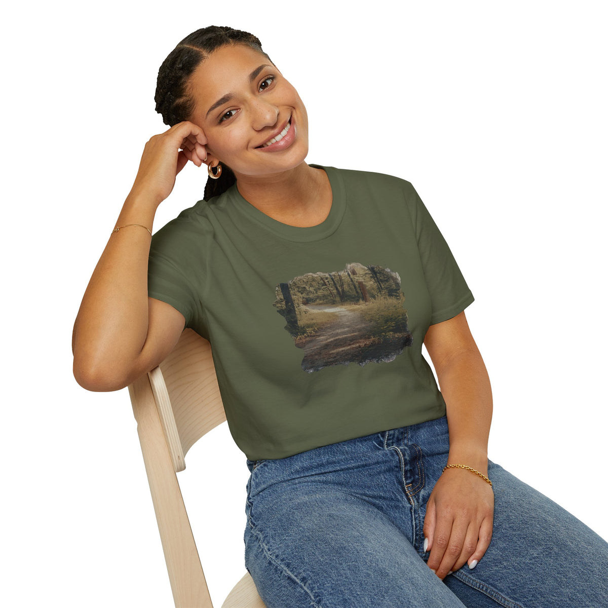 Vintage forest landscape T-shirt by Printify featuring a nature pathway scene on a casual cotton tee.