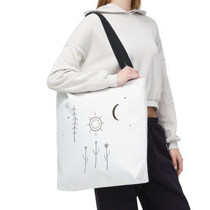Minimal Moon and Sun botanical tote bag with celestial line art design, featuring a stylish and eco-friendly Printify bag.