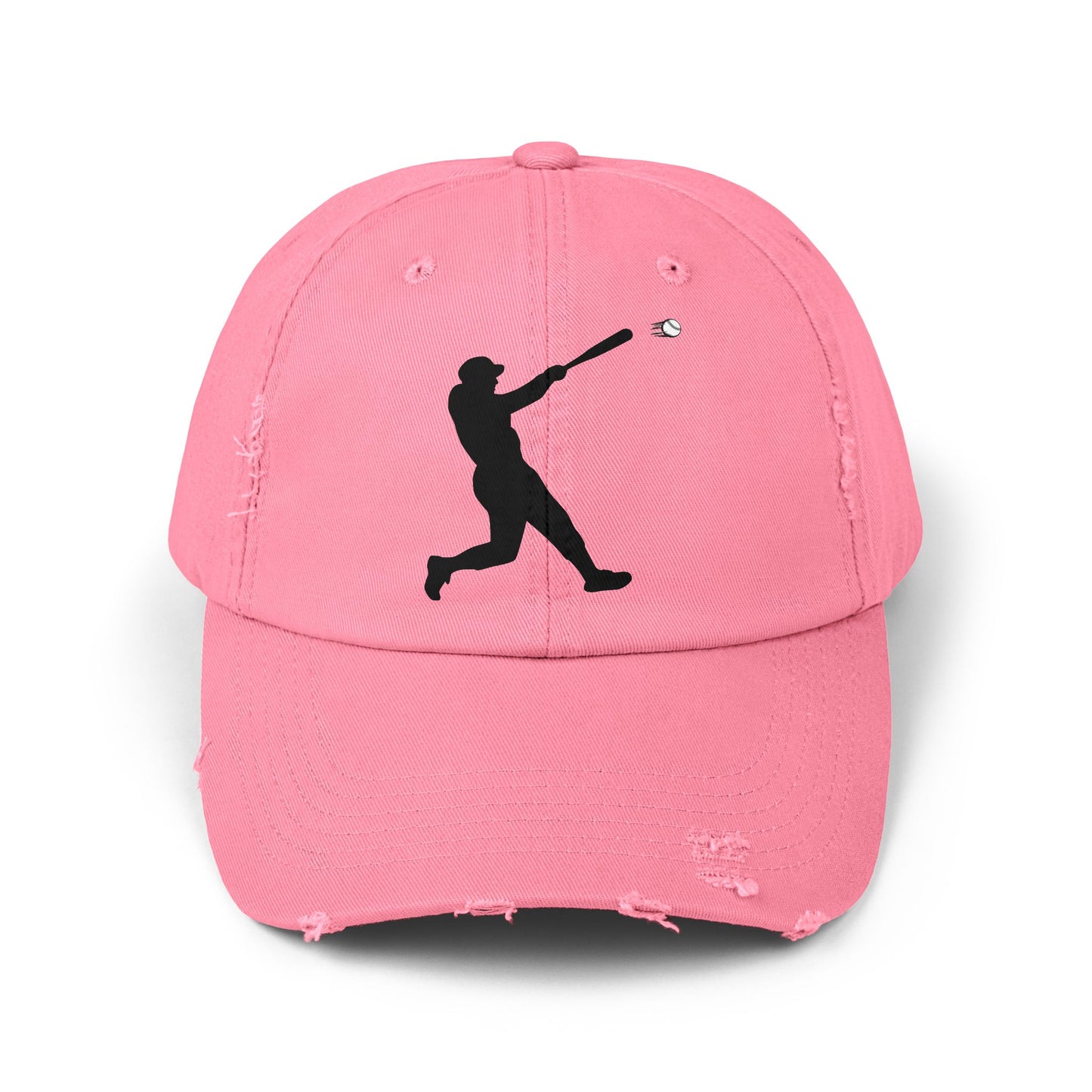 Distressed baseball cap with silhouette batter design, casual hat by Printify featuring a worn, vintage look.