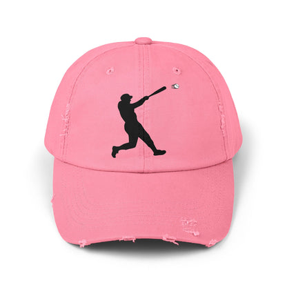 Distressed baseball cap with silhouette batter design, casual hat by Printify featuring a worn, vintage look.