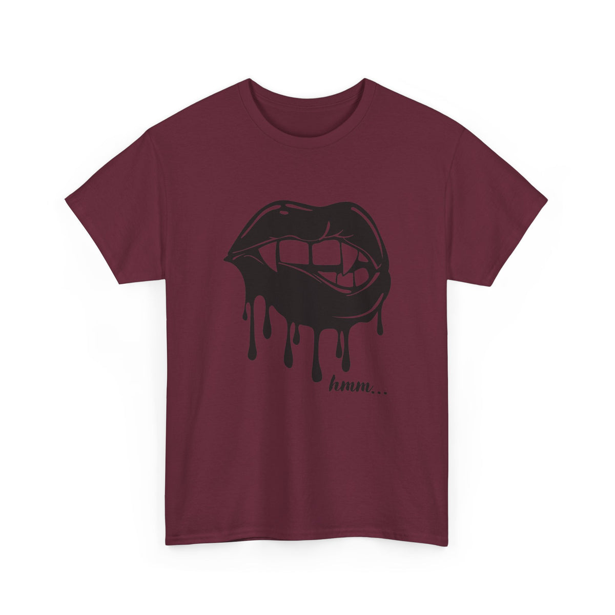 Black graphic T-shirt by Printify featuring a dripping lips 'hmm...' bite design on the front.
