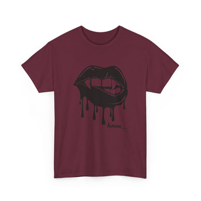 Black graphic T-shirt by Printify featuring a dripping lips 'hmm...' bite design on the front.