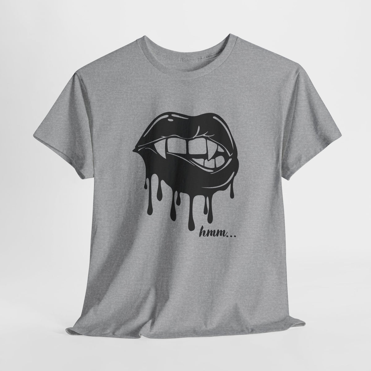 Graphic T-shirt featuring dripping lips and "hmm..." bite design, by Printify, showcasing bold, artistic print on the front.