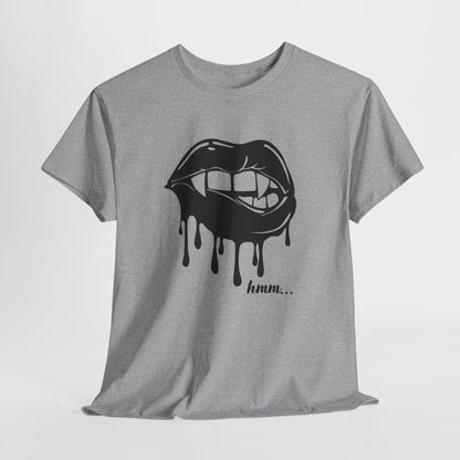 Graphic T-shirt featuring dripping lips and "hmm..." bite design, by Printify, showcasing bold, artistic print on the front.