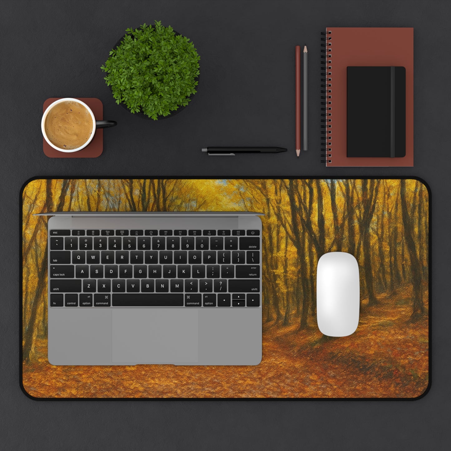 Autumn Forest Path desk mat with fall leaves scenic design, Printify mousepad for comfortable computer use