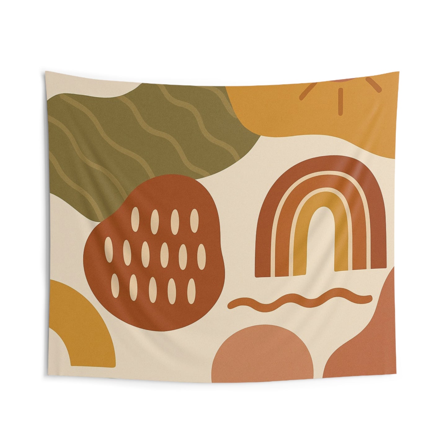 Boho Abstract Rainbow Tapestry — Retro Sun & Earthy Shapes Wall Hanging