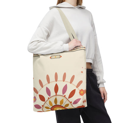 Boho floral mandala tote bag by Printify featuring a pastel sunburst pattern and vibrant floral design.