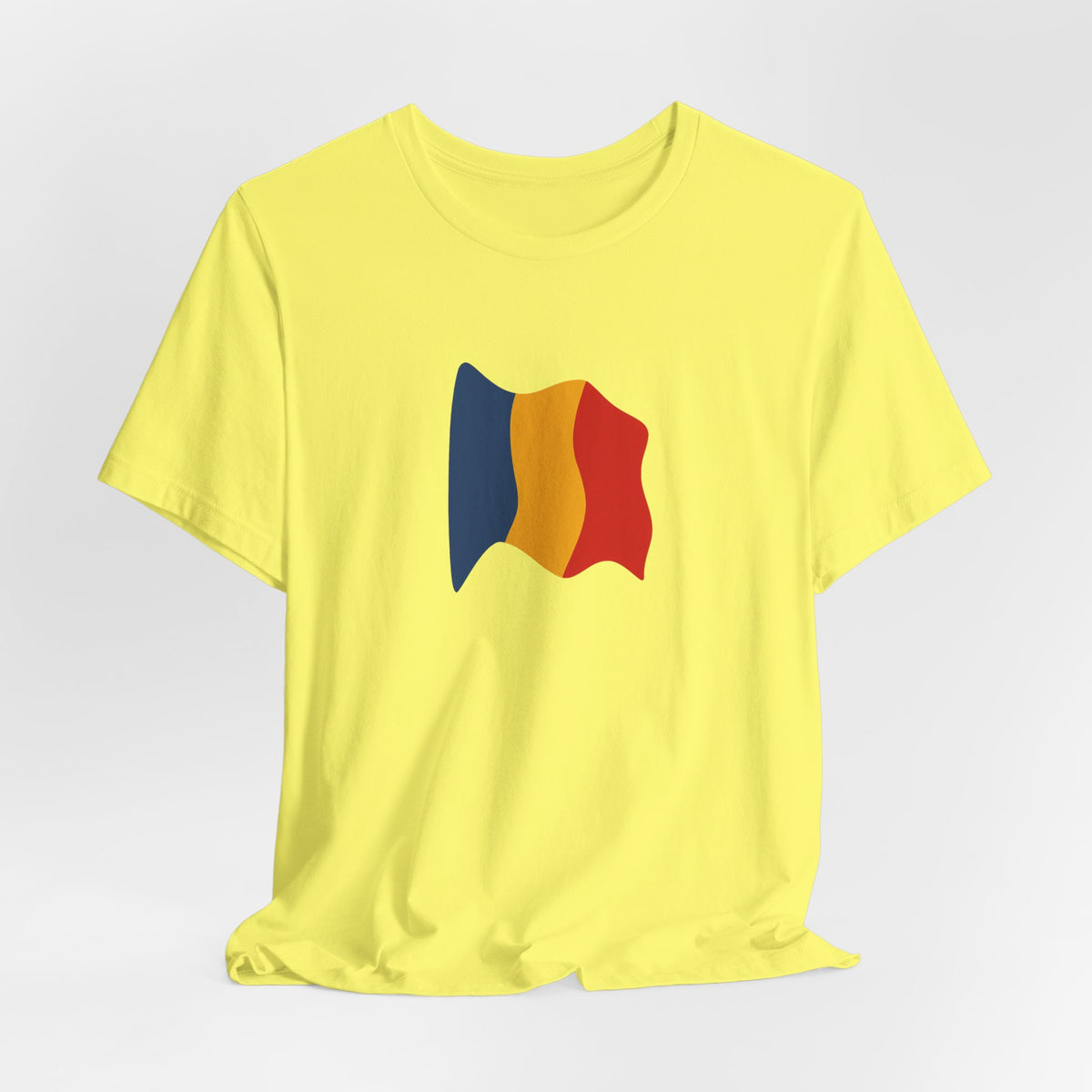 Romania flag T-shirt by Printify featuring a minimal waving tricolor design on a casual cotton tee.