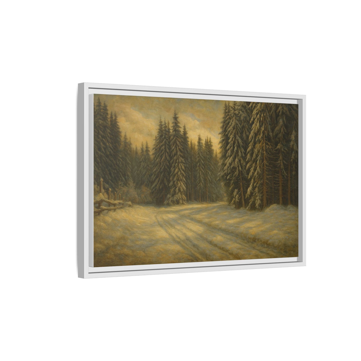 Framed matte canvas of a winter forest landscape wall art by Printify showing snow-covered trees and serene woodland scenery.