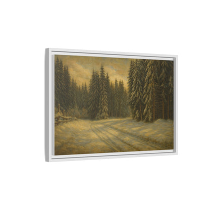 Framed matte canvas of a winter forest landscape wall art by Printify showing snow-covered trees and serene woodland scenery.