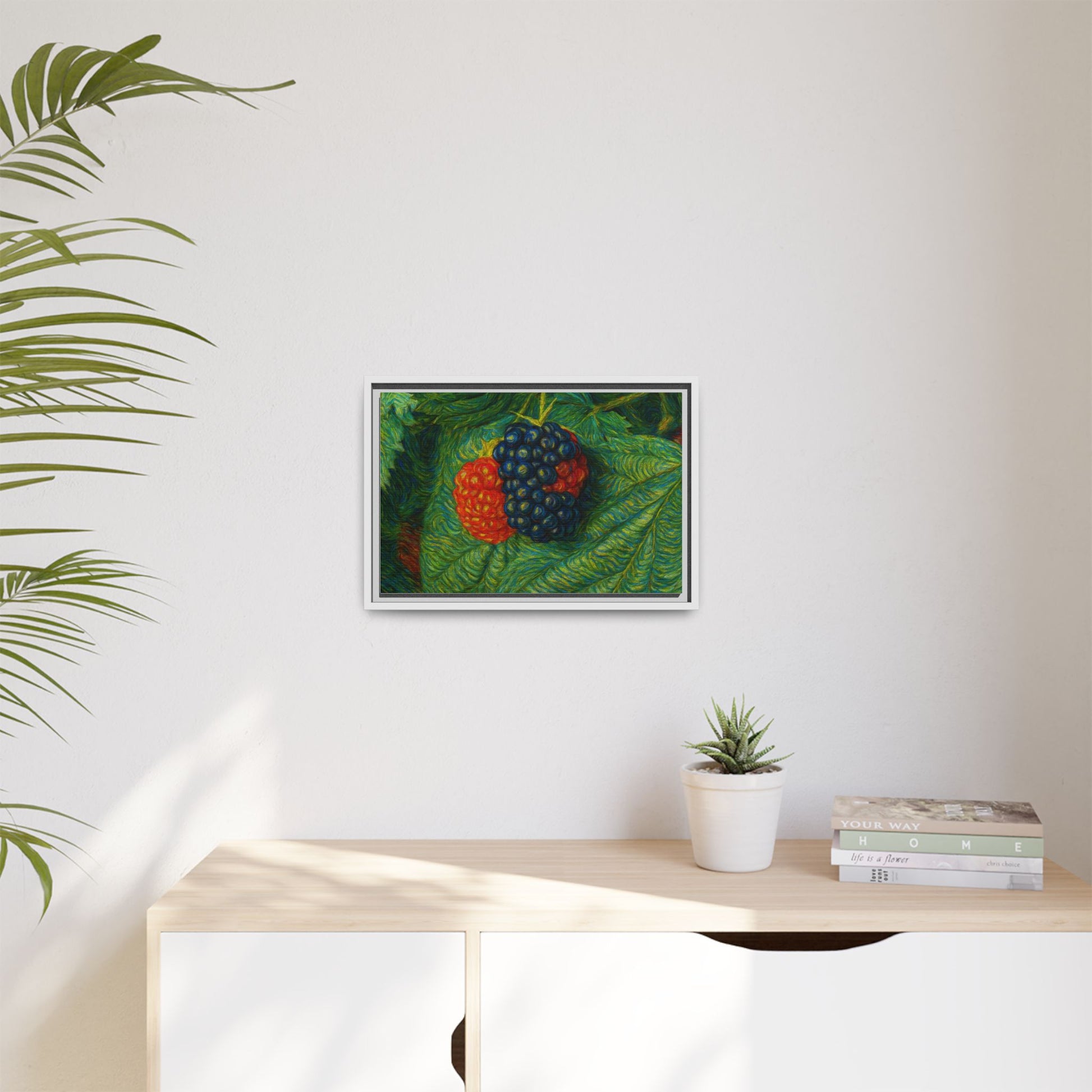 Blackberry still life framed canvas print by Printify, featuring detailed botanical artwork on a sturdy canvas frame.