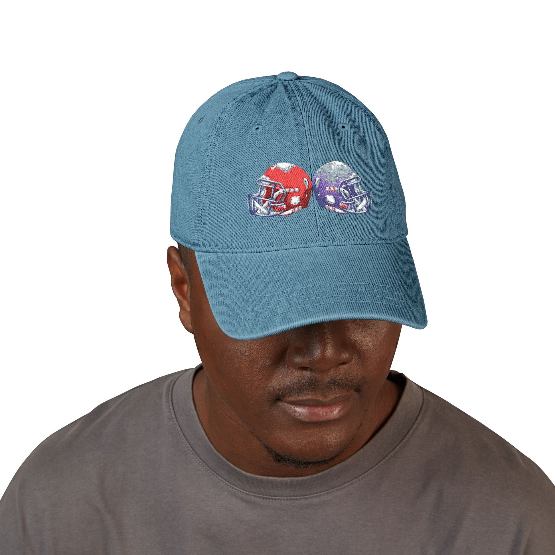 Red and blue embroidered football helmet denim hat by Printify, featuring team-inspired design and casual cap style.