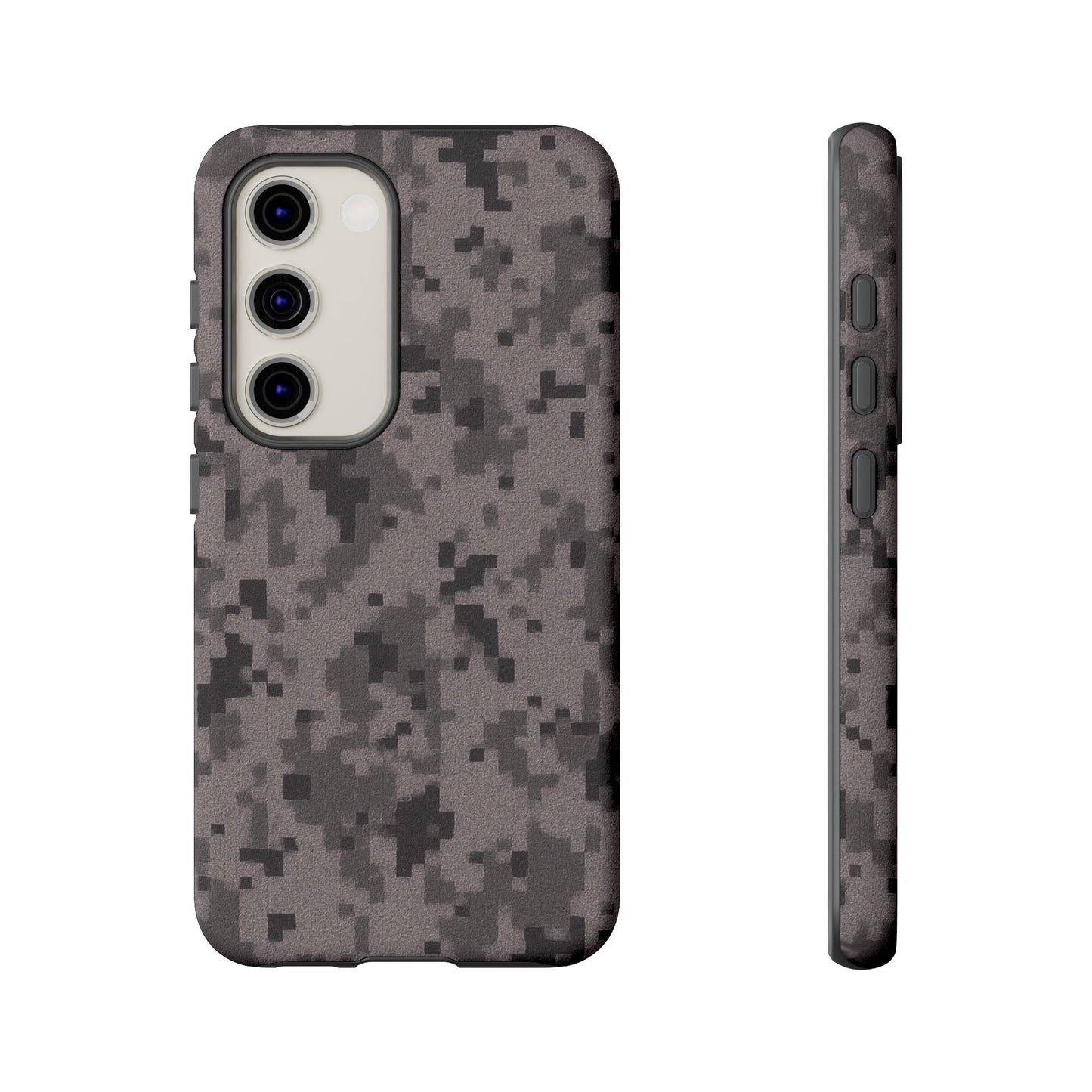 Gray digital camo phone case by Printify, rugged protective cover for smartphones with a tough camouflage design.