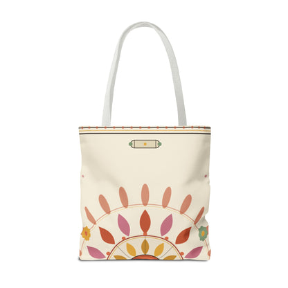 Boho floral mandala tote bag with pastel sunburst pattern, stylish eco-friendly bag from Printify.