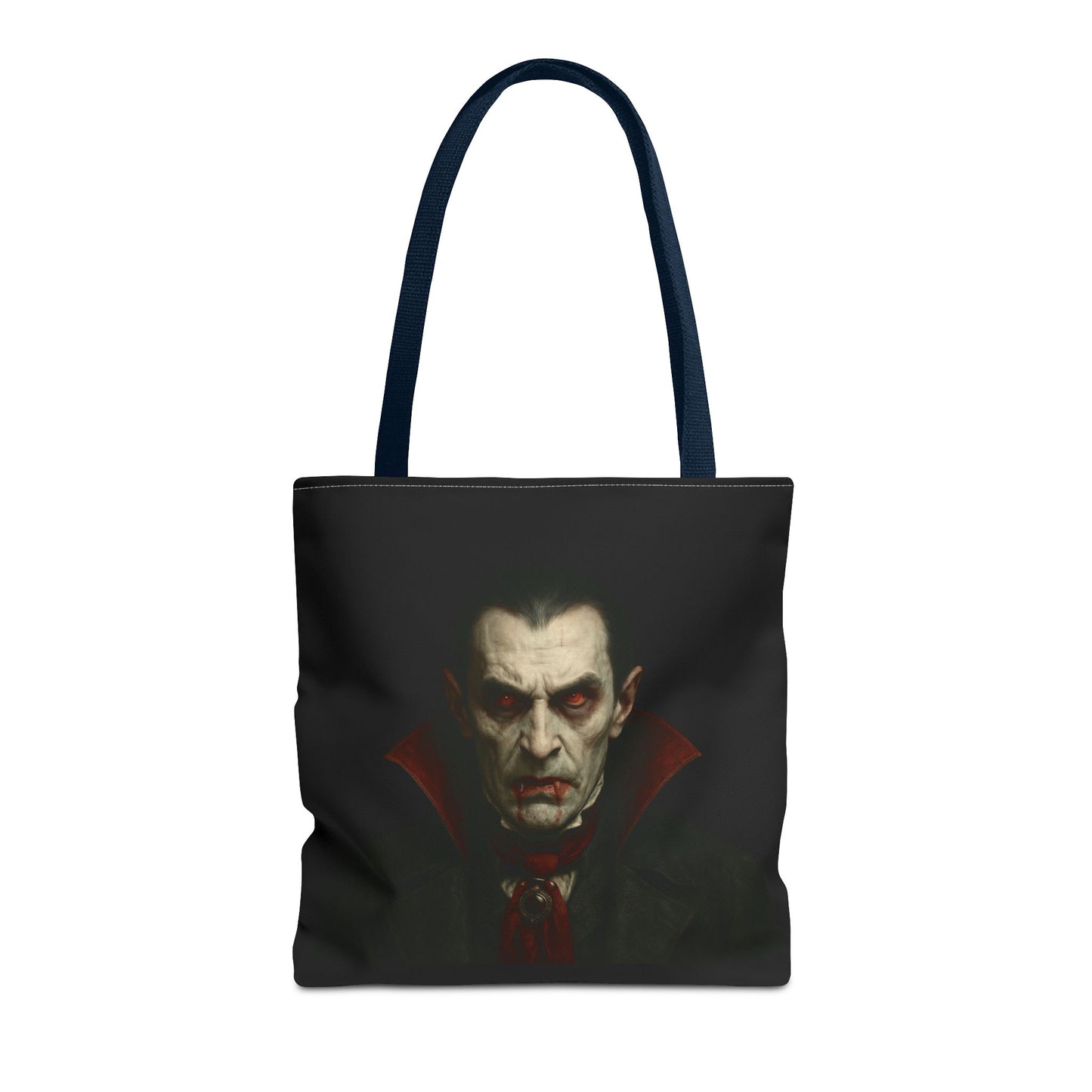 Black vampire tote bag with spooky gothic design, ideal for Halloween accessories, by Printify.