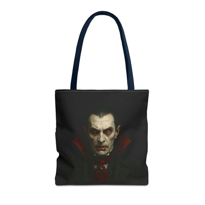 Black vampire tote bag with spooky gothic design, ideal for Halloween accessories, by Printify.