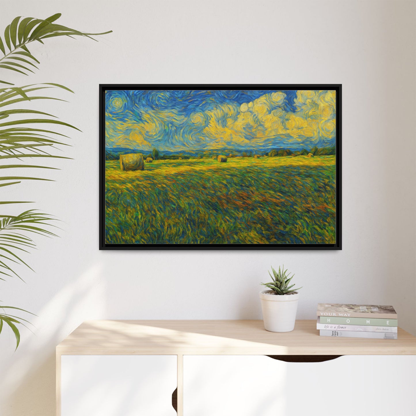 Framed landscape matte canvas print in vibrant multi-color shades, showcasing a scenic nature scene with a sleek wooden frame.