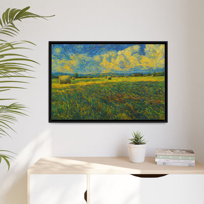 Framed landscape matte canvas print in vibrant multi-color shades, showcasing a scenic nature scene with a sleek wooden frame.