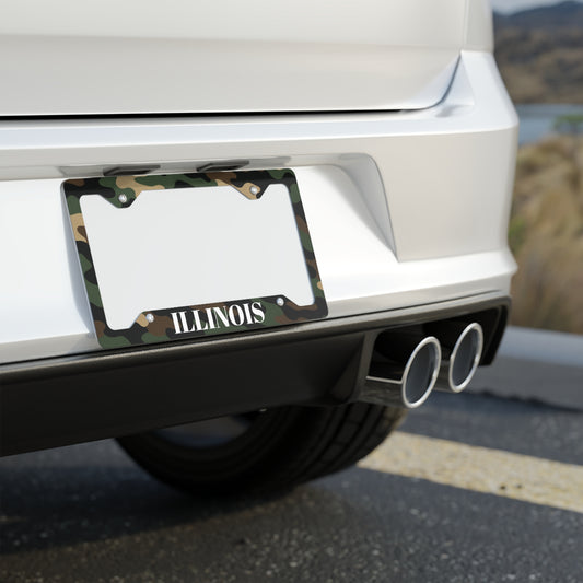 Military green Illinois metal license plate frame with camouflage design and state tag border, stylish accessory for vehicle customization.