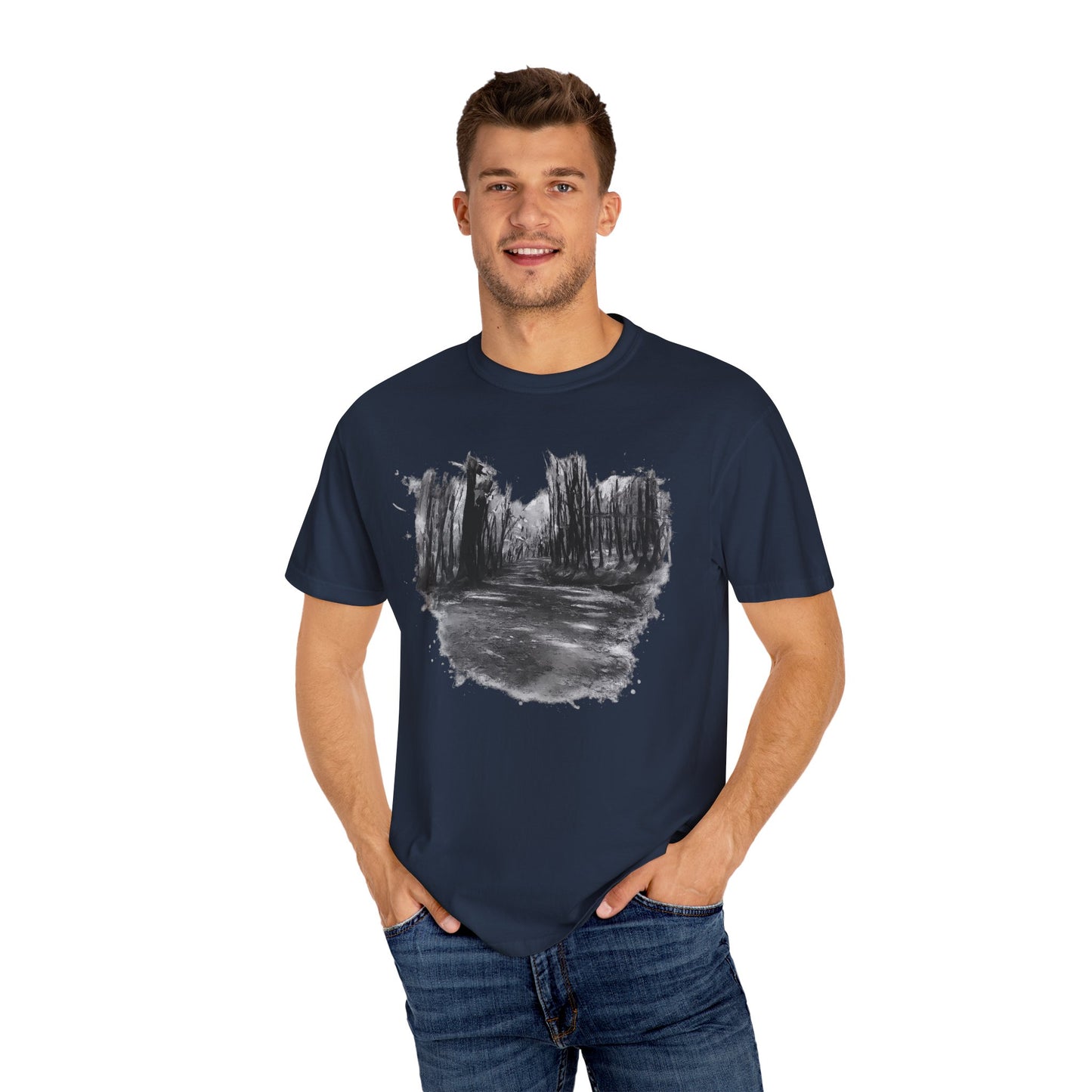 Artistic Forest Scene T-shirt | Nature Lover Gift, Outdoor Adventure Tee, Eco-Friendly Fashion, Vintage Inspired Clothing, Unisex Gift - TRV