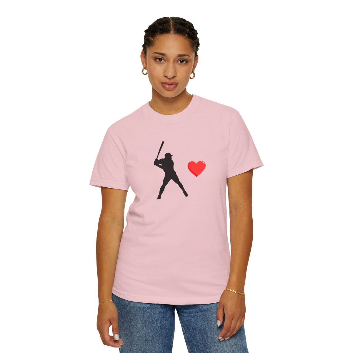 Printify baseball batter heart T-shirt featuring a graphic of a batter swinging a bat, casual unisex cotton T-shirt.