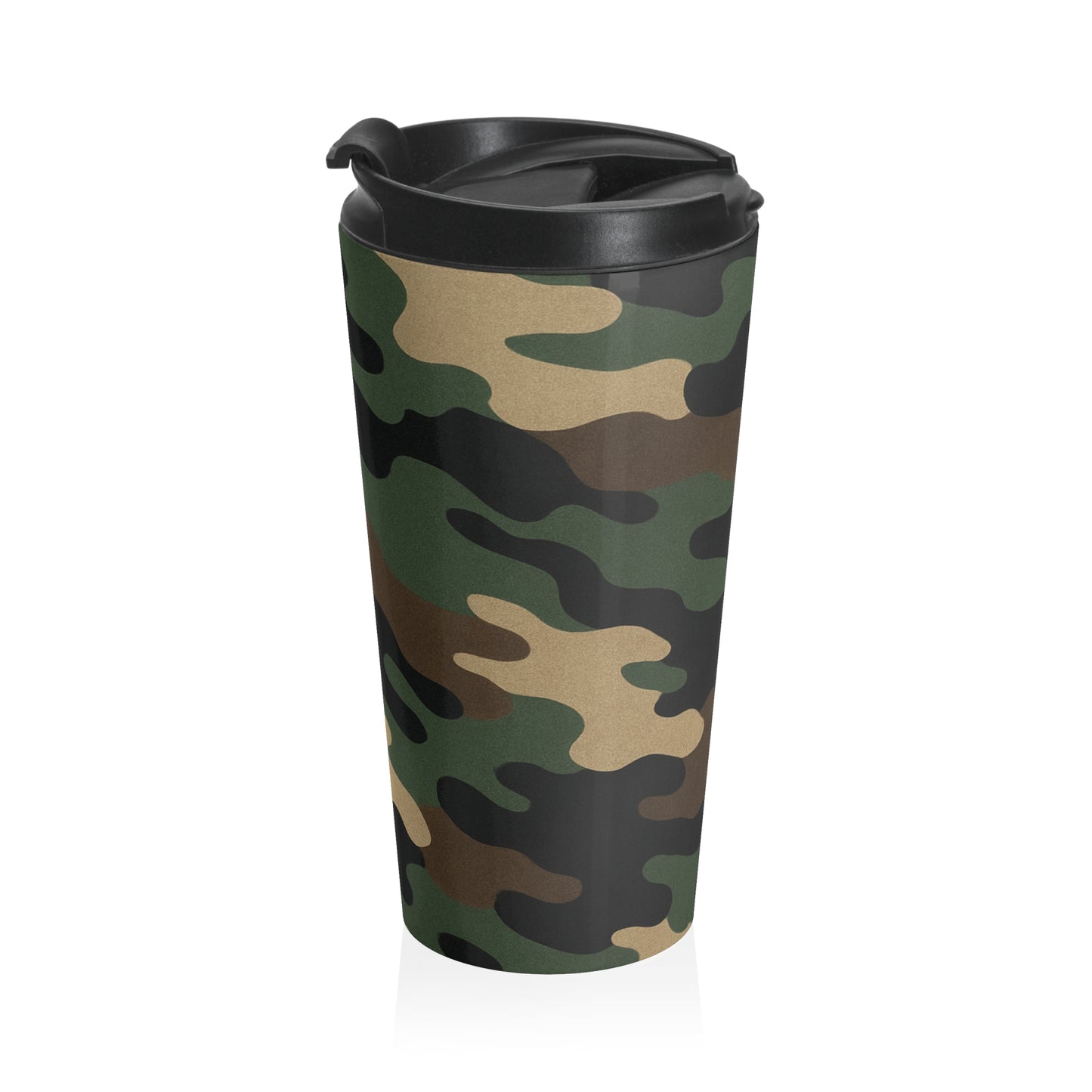 Camo stainless steel travel mug with a sleek design, featuring a lid and printed camouflage pattern by Printify.