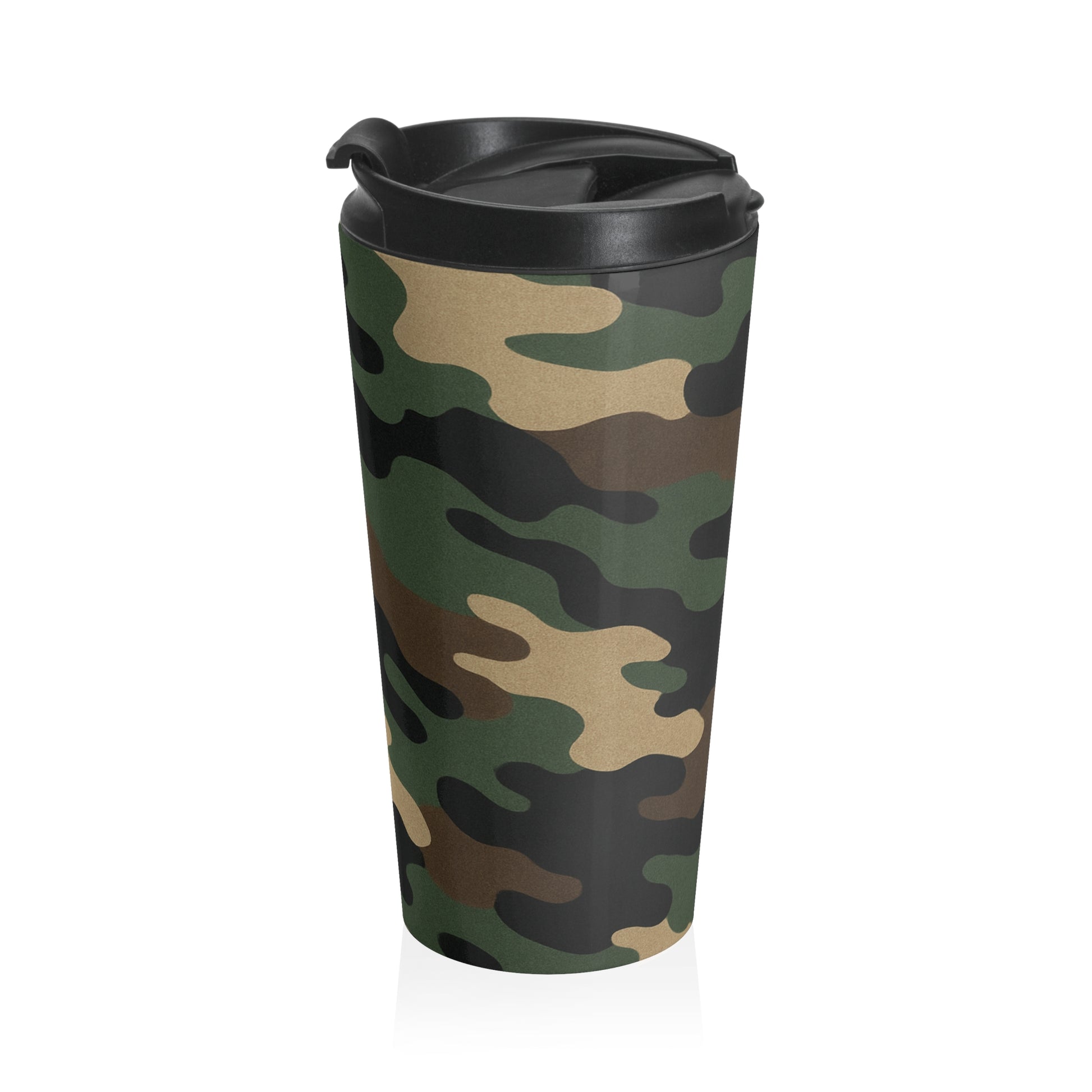 Camo stainless steel travel mug with a sleek design, featuring a lid and printed camouflage pattern by Printify.