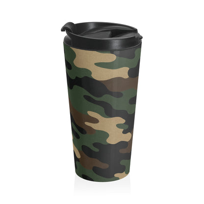 Camo stainless steel travel mug with a sleek design, featuring a lid and printed camouflage pattern by Printify.