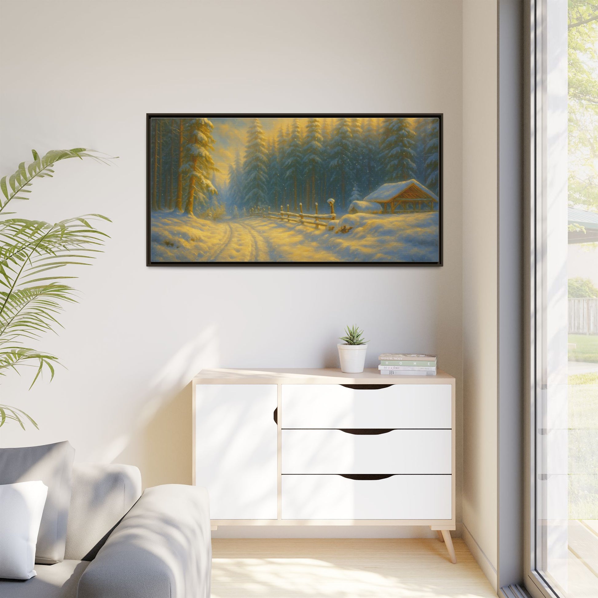 Framed winter cabin canvas print featuring a snowy forest sunset, wall art by Printify with vibrant winter landscape imagery.